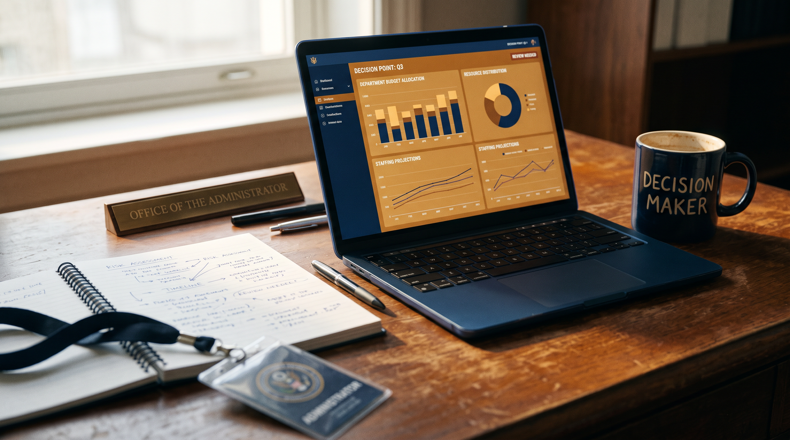 A decision maker's desk — workforce dashboard on screen, badge in foreground, amber light.
